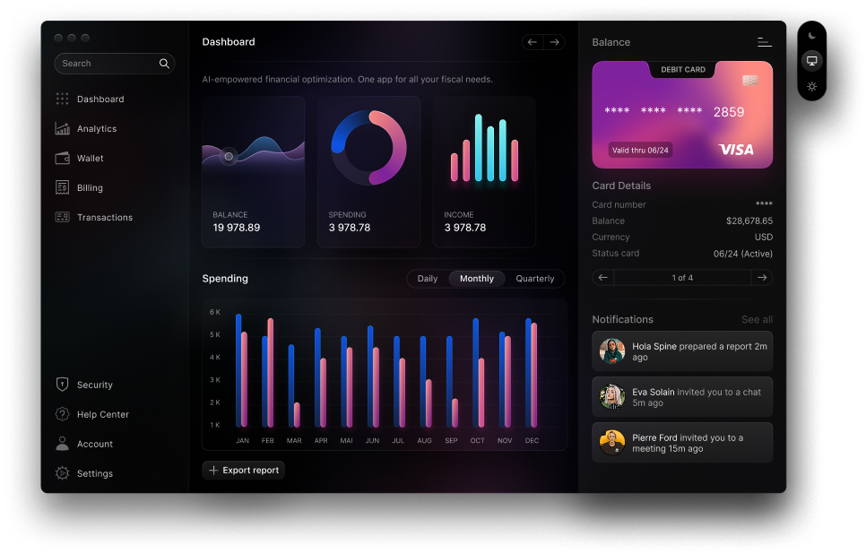 AI-powered financial dashboard showing analytics, spending charts, and smart financial optimization